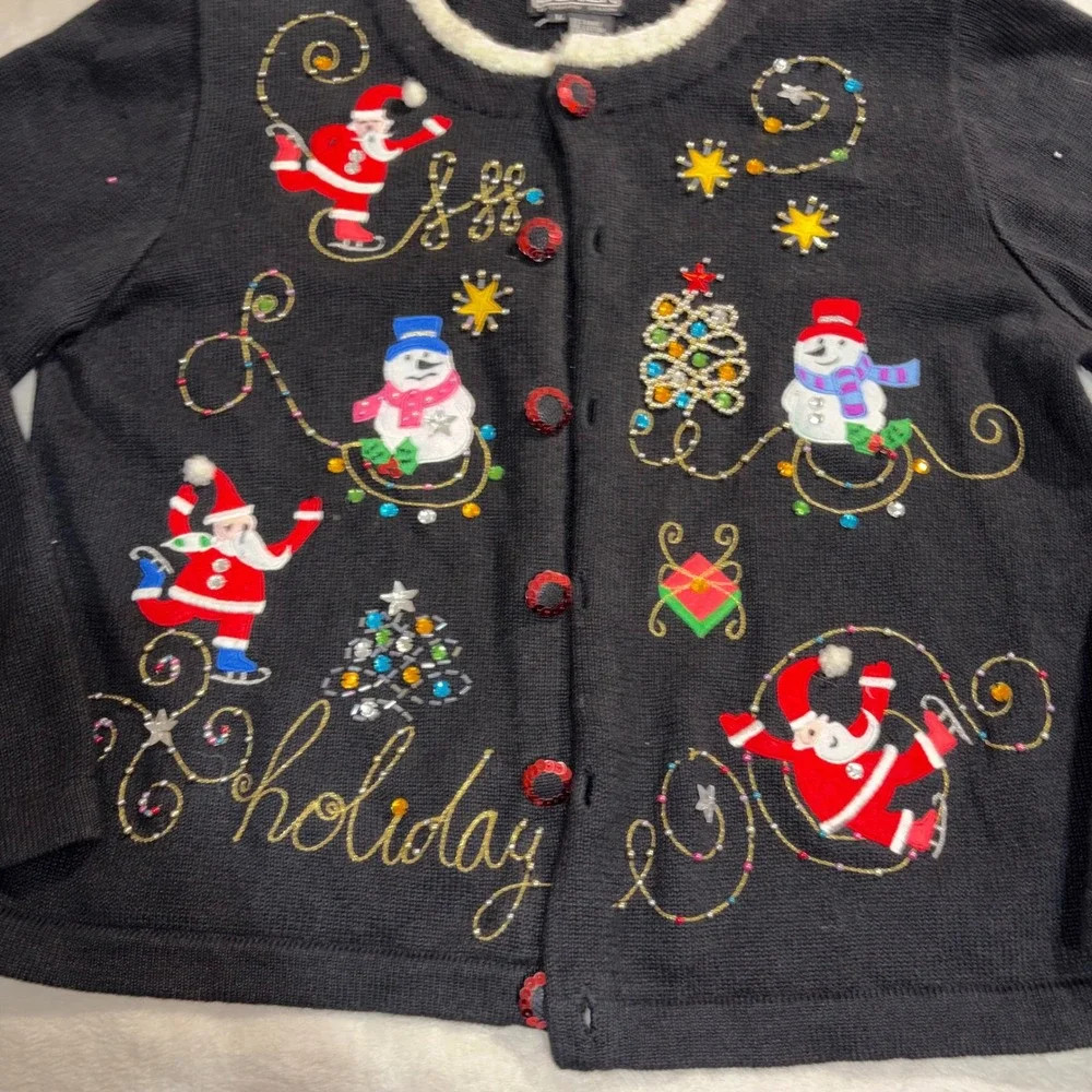 Vintage Berek Christmas Cardigan Sweater Womens Large Black Sequin Santa Holiday